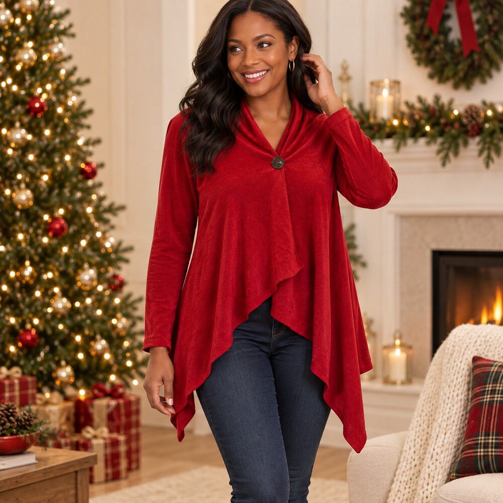 Bobeau Red fleece one button sweatshirt Medium cozy holiday